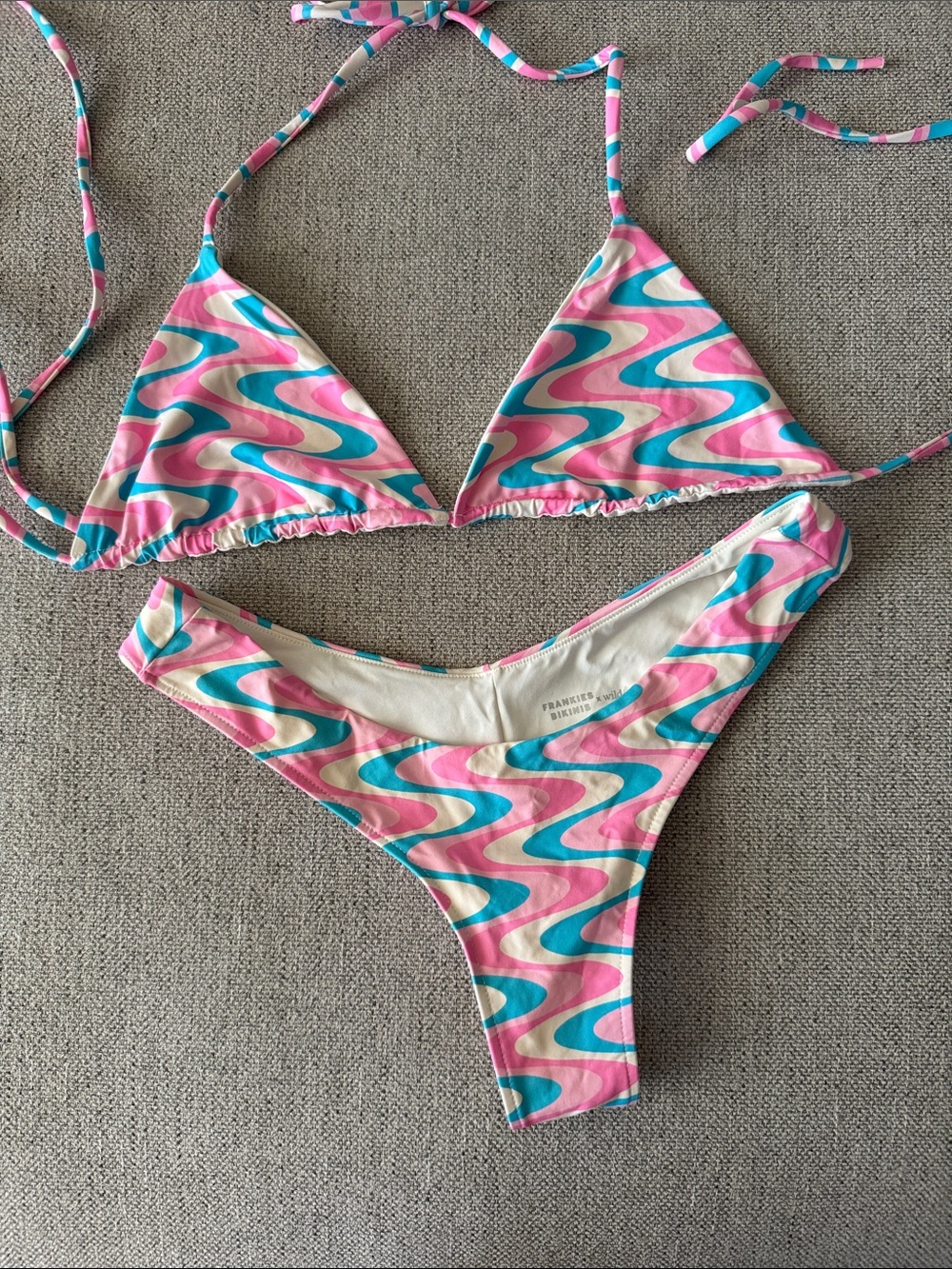 Frankie's Bikinis x Wildflower Pink & Teal Wave Print Triangle Bikini